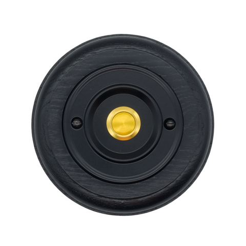Modern Wireless Doorbell - Stylish Black Ash Round Wooden Plinth and Black Door Bell Push - Gold Centre Button