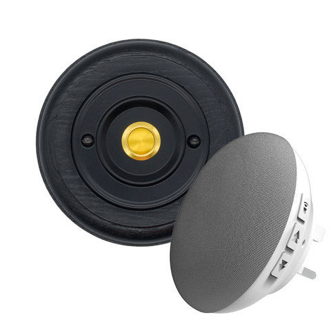 Modern Wireless Doorbell - Stylish Black Ash Round Wooden Plinth and Black Door Bell Push - Gold Centre Button