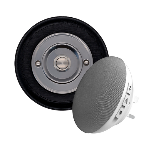 Modern Wireless Doorbell - Stylish Black Ash Round Wooden Plinth and Brushed Nickel Door Bell Push - Nickel Centre Button