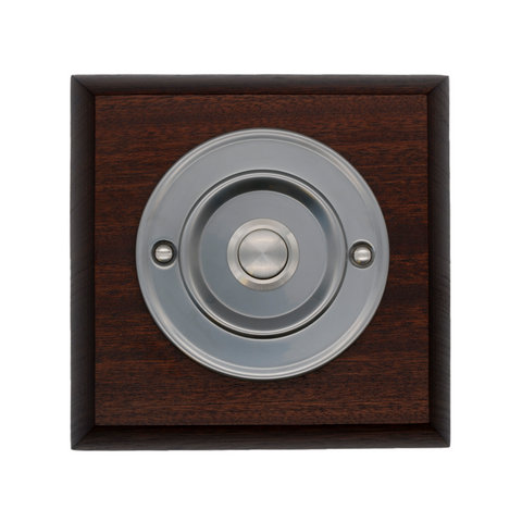 Modern Wireless Doorbell - Stylish Mahogany Square Wooden Plinth and Brushed Nickel Door Bell Push - Nickel Centre Button