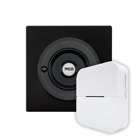 Modern Wireless Doorbell - Stylish Black Square Perspex Plinth and Black Centre Door Bell Push - Black PRESS Button
