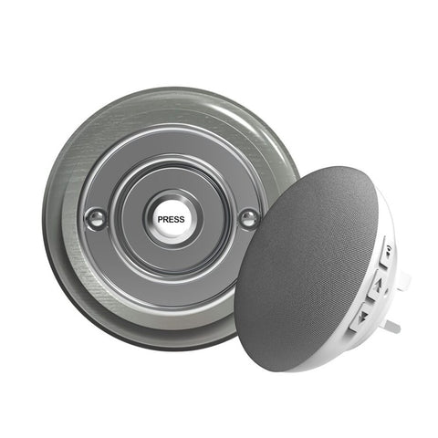 Traditional Wireless Doorbell - Vintage Style Round Grey Ash Wooden Plinth and Chrome Door Bell Push