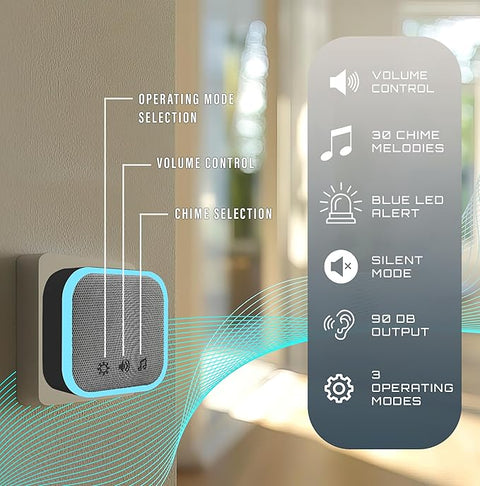 Uni-Com Wireless Twin Portable Door Chime Kit, 150m Operating Range, 30 Different Chimes, LED Chime Alert, 3 Operating Modes, Easy Install, Black