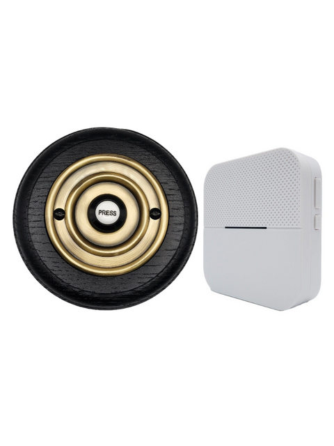 Traditional Wireless Doorbell - Vintage Style Round Black Ash Wooden Plinth and Antique Brass Door Bell Push