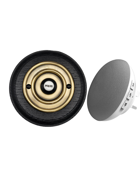 Traditional Wireless Doorbell - Vintage Style Round Black Ash Wooden Plinth and Antique Brass Door Bell Push