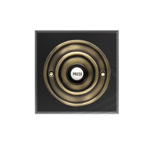 Wireless Antique Brass Doorbell Push button on a Black Square Plinth with Grothe Mistral long range 500m Plug-in Chime