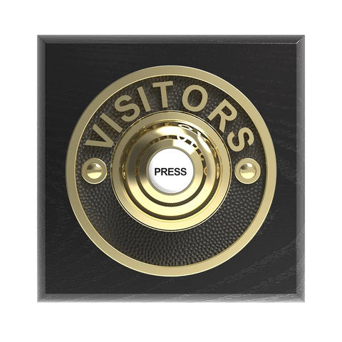 Wireless Brass Doorbell Push button on a Black Square Plinth with Grothe Mistral long range 500m Plug-in Chime