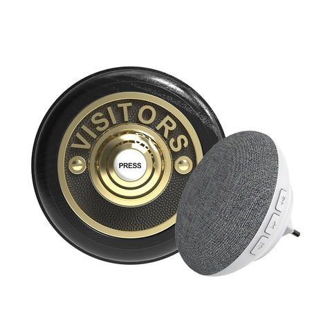 Traditional Wireless Doorbell - Vintage Style Round Black Ash Wooden Plinth and VISITORS Brass Door Bell Push