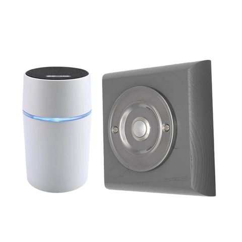 Doorbell World Square Wireless Doorbell in Grey Ash and Brushed Nickel with Grothe Calima 200 Portable Chime unit