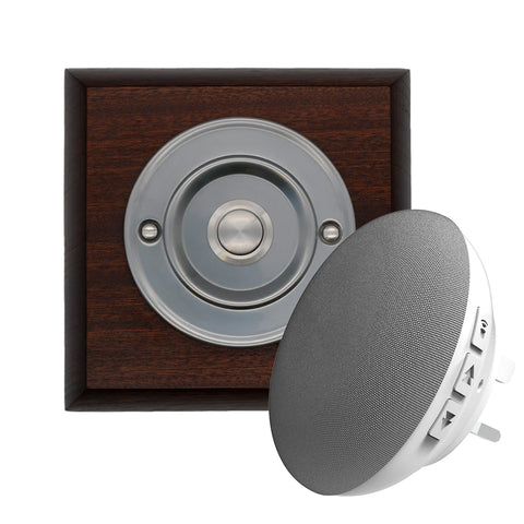 Modern Wireless Doorbell - Stylish Mahogany Square Wooden Plinth and Brushed Nickel Door Bell Push - Nickel PRESS Button