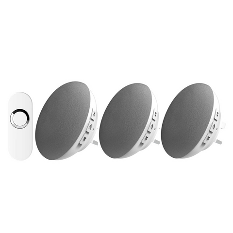 Doorbell World Wireless 150m Triple Recordable Plugin Chime unit with White Bell Push