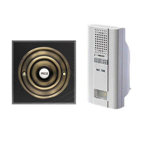 Wireless Antique Brass Doorbell Push button on a Black Square Plinth with Grothe Mistral long range 500m Plug-in Chime