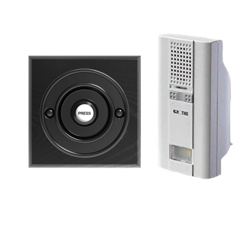 Wireless Black Doorbell Push button on a Black Square Plinth with Grothe Mistral long range 500m Plug-in Chime