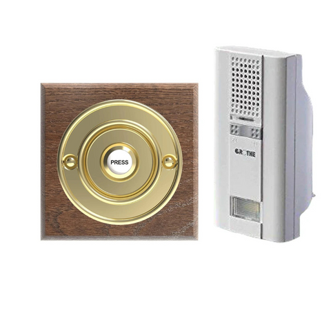 Wireless Brass Doorbell Push button on a Tudor Square Plinth with Grothe Mistral long range 500m Plug-in Chime