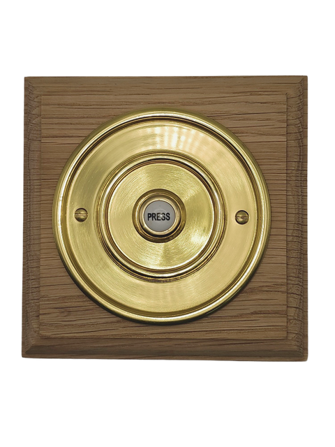 Oak Plinth Unvarnished, 140mm Square, with 100mm Brass wired doorbell Push button