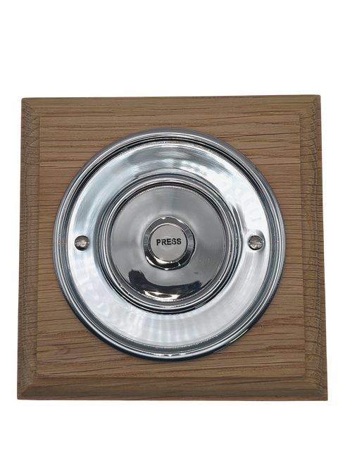 Oak Plinth Unvarnished, 140mm Square, with 100mm Polished Chrome wired doorbell Push button