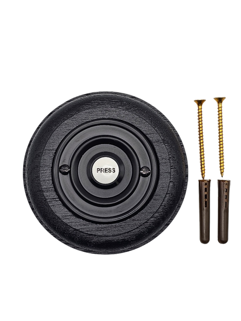 Traditional Black Stained Oak Plinth, Round, with 63mm Black wired doorbell Push button