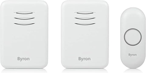 Byron Wireless Twin Doorbell Set, Battery Portable and Plug In, 150m Range, 16 Melodies, White. DBY-22314UK