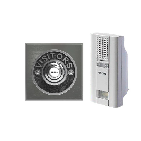 Wireless Visitors Chrome Bell Push on a Grey Ash plinth with Grothe Mistral 500m 400e plugin chime unit