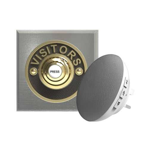 Traditional Wireless Doorbell - Vintage Style Square Grey Ash Wooden Plinth and VISITORS Brass Door Bell Push