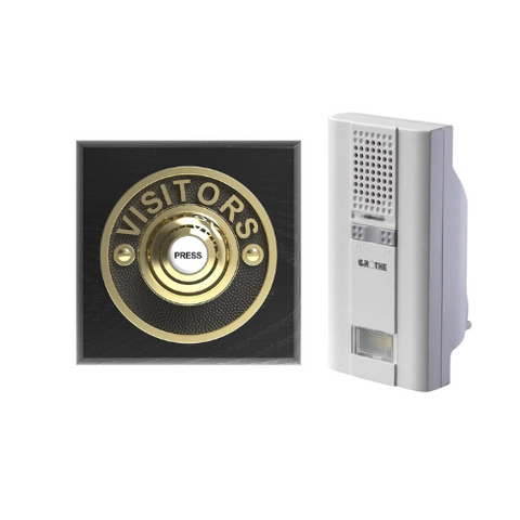 Wireless Brass Doorbell Push button on a Black Square Plinth with Grothe Mistral long range 500m Plug-in Chime