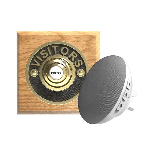 Traditional Wireless Doorbell - Vintage Style Square Honey Oak Wooden Plinth and VISITORS Brass Door Bell Push