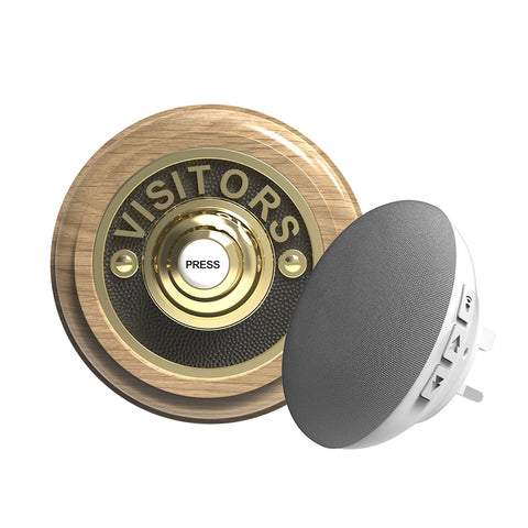 Traditional Wireless Doorbell - Vintage Style Round Natural Oak Wooden Plinth and VISITORS Brass Door Bell Push