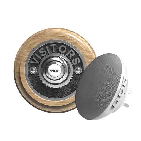 Traditional Wireless Doorbell - Vintage Style Round Natural Oak Wooden Plinth and VISITORS Chrome Door Bell Push