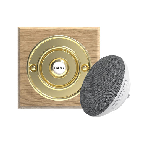 Traditional Wireless Doorbell - Vintage Style Square Natural Oak Wooden Plinth and Brass Door Bell Push