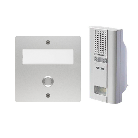 Grothe Mistral 400M, Plug-in Wireless Doorbell Chime Kit with Surface mounted modern Polished Aluminium bell push button