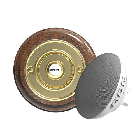 Traditional Wireless Doorbell - Vintage Style Round Tudor Oak Wooden Plinth and Brass Door Bell Push