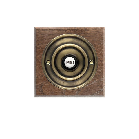 Wireless Antique Brass Doorbell Push button on a Tudor Square Plinth with Grothe Mistral long range 500m Plug-in Chime