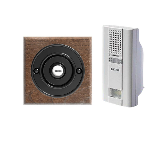 Wireless Black Doorbell Push button on a Tudor Square Plinth with Grothe Mistral long range 500m Plug-in Chime