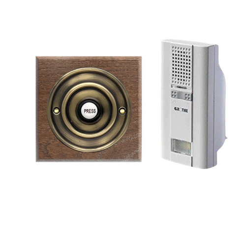 Wireless Antique Brass Doorbell Push button on a Tudor Square Plinth with Grothe Mistral long range 500m Plug-in Chime