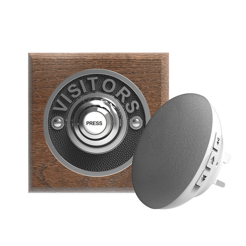 Traditional Wireless Doorbell - Vintage Style Square Tudor Oak Wooden Plinth and VISITORS Chrome Door Bell Push