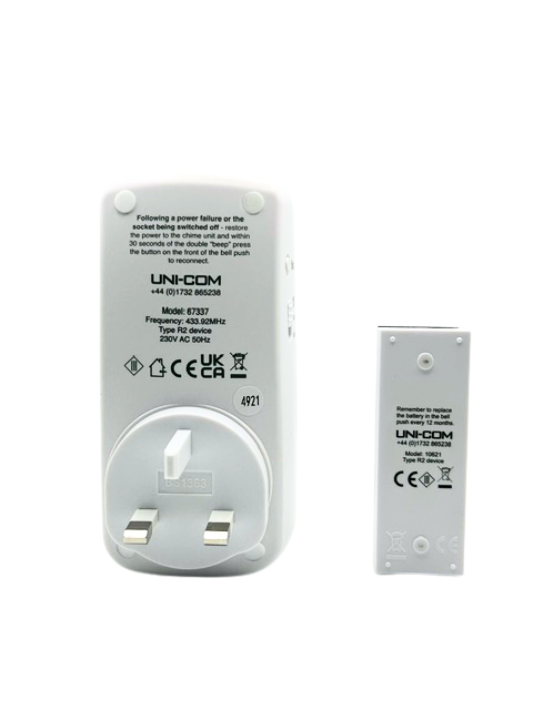 Uni-Com illuminating wireless plug-in door chime with wireless chrome bell push button - UNI-67337/2201