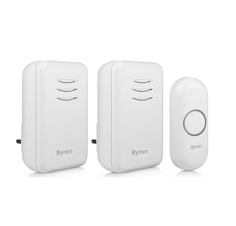 Byron Wireless Plug In Doorbell Twin Set, 150m Range, 16 Melodies, White. DBY-22312UKTw