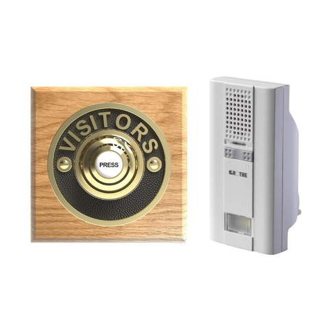 Wireless Visitors Brass Push on a Solid Honey Oak Plinth with Grothe Mistral 500m Long Range Chime Unit