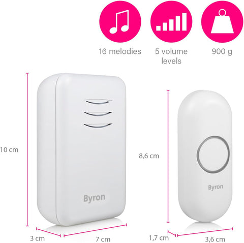 Byron Wireless Twin Portable Doorbell Set, 150m Range, 16 Melodies, White. DBY-22311Tw