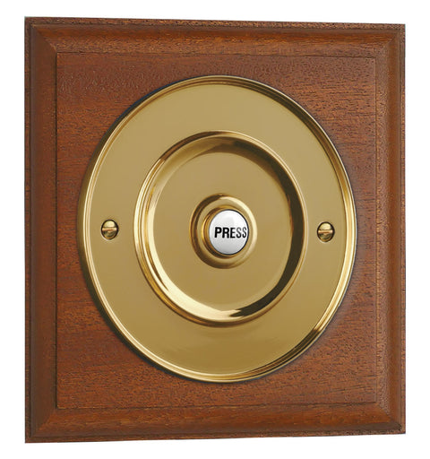 Traditional 140mm Square Wired Doorbell In Mahogany And Brass