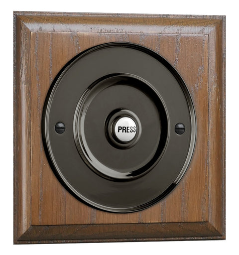Tudor Oak Plinth varnished, 140mm square, with 100mm Matte Black wired doorbell Push button