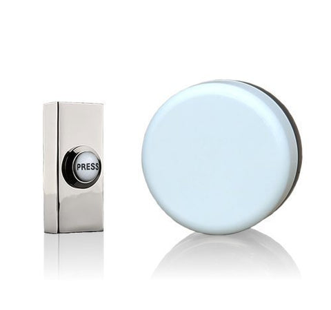 Wind up Mechanical Doorbell, White, Brushed Nickel Push with Porcelain Press