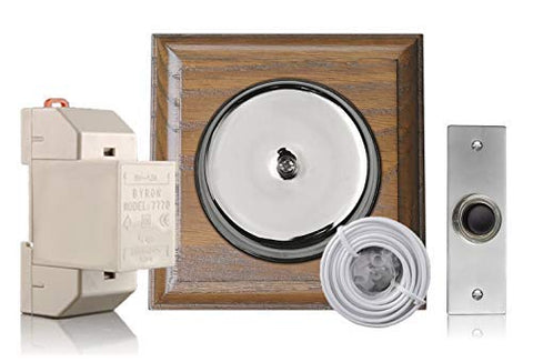 Chrome Door Bell Kit on Tudor Oak with Transformer and Bell Push