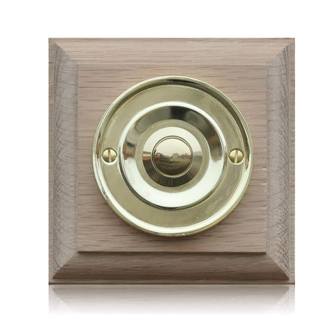 Solid Oak wooden Plinth in various finishes, 100mm square, with 63mm Brass Bell Push,