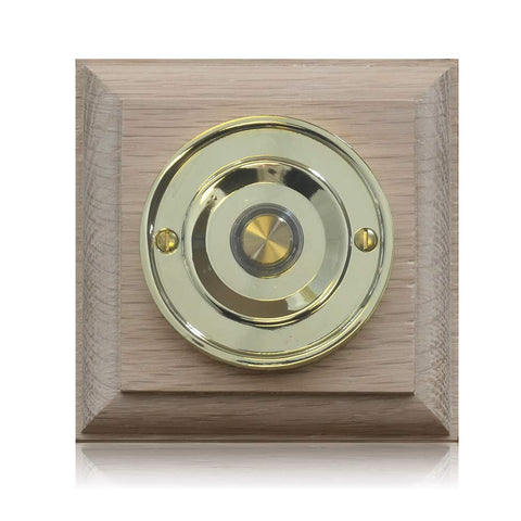 Solid Oak wooden Plinth in various finishes, 100mm square, with 63mm Brass Bell Push,