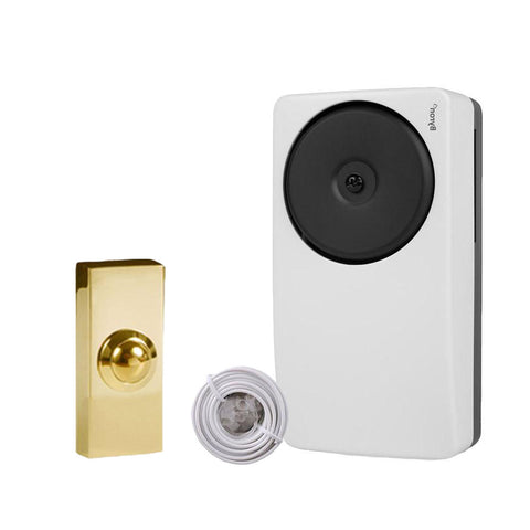 Wired Wall Mounted Battery Doorbell Unit With Byron Bell Wire And Byron Wired Bell Push in Brass - 1219/BY7200/BY2204Bs