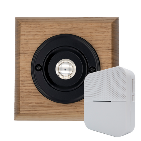 Modern Wireless Doorbell - Stylish Honey Square Wooden Plinth and Black Door Bell Push - Chrome Centre Button