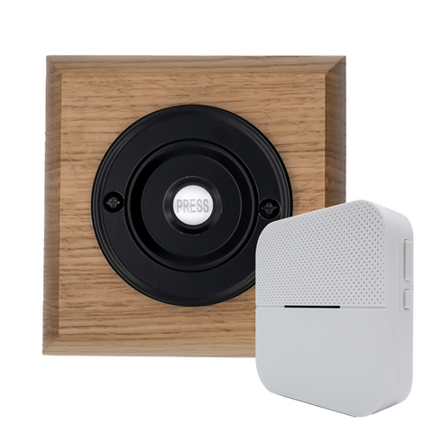 Modern Wireless Doorbell - Stylish Honey Square Wooden Plinth and Black Door Bell Push - Black PRESS Button
