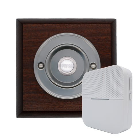 Modern Wireless Doorbell - Stylish Mahogany Square Wooden Plinth and Brushed Nickel Door Bell Push - Nickel PRESS Button