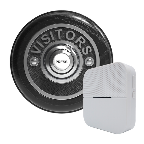 Traditional Wireless Doorbell - Vintage Style Round Black Ash Wooden Plinth and VISITORS Chrome Door Bell Push
